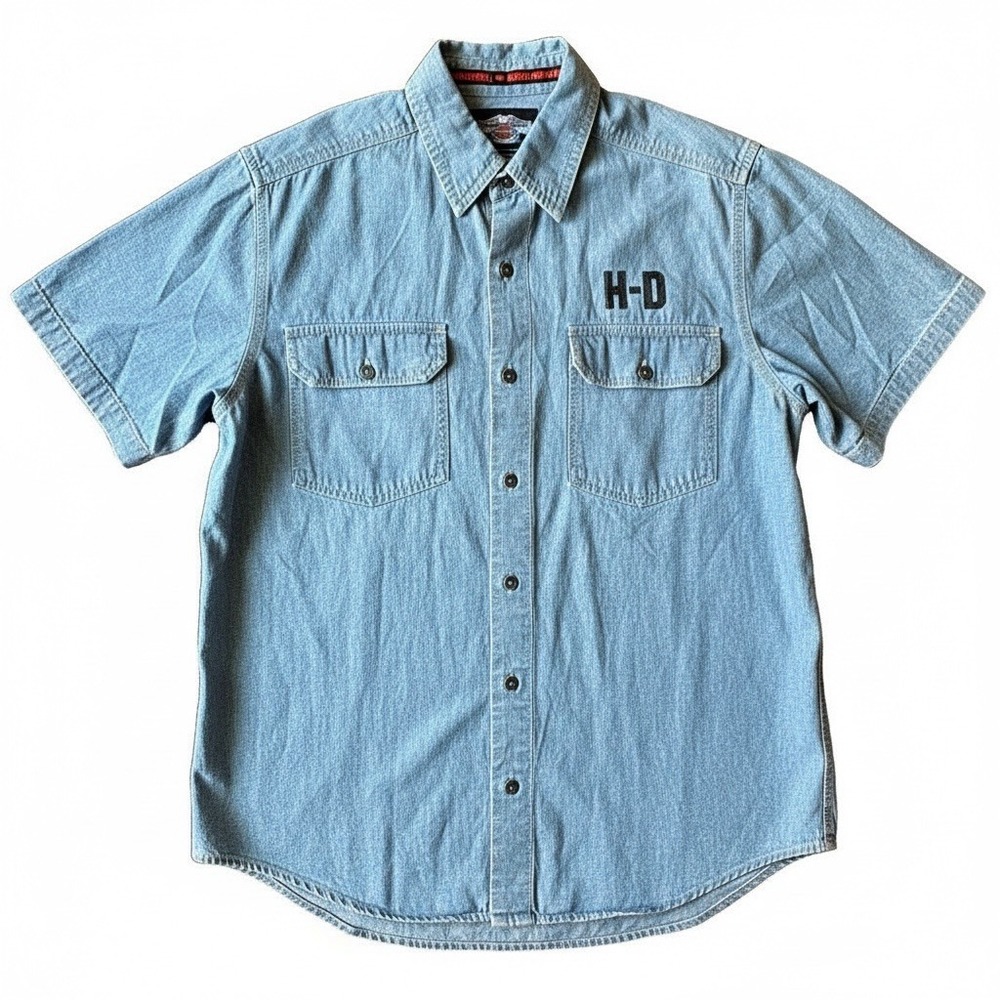 Harley-Davidson Genuine MotorClothes Men's Denim Button-Up Shirt Blue L Pockets